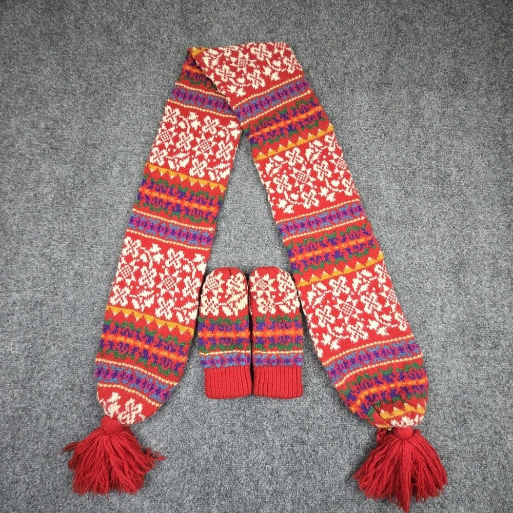 Vintage ARIS Scarf & Gloves Set 90s Geometric‎ Colorful Fair Isle Knit OSFA